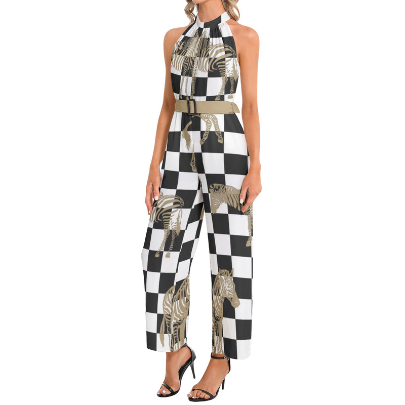 Halter Neck Buckle Belted Jumpsuit - Objet D'Art