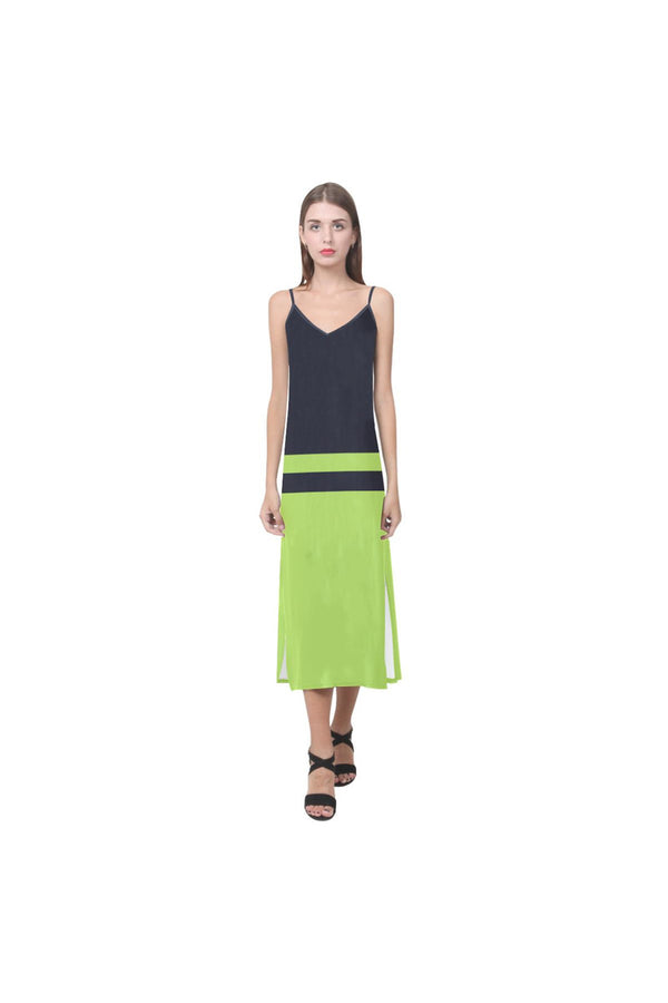 Lime Green & Blue  V-Neck Open Fork Long Dress - Objet D'Art