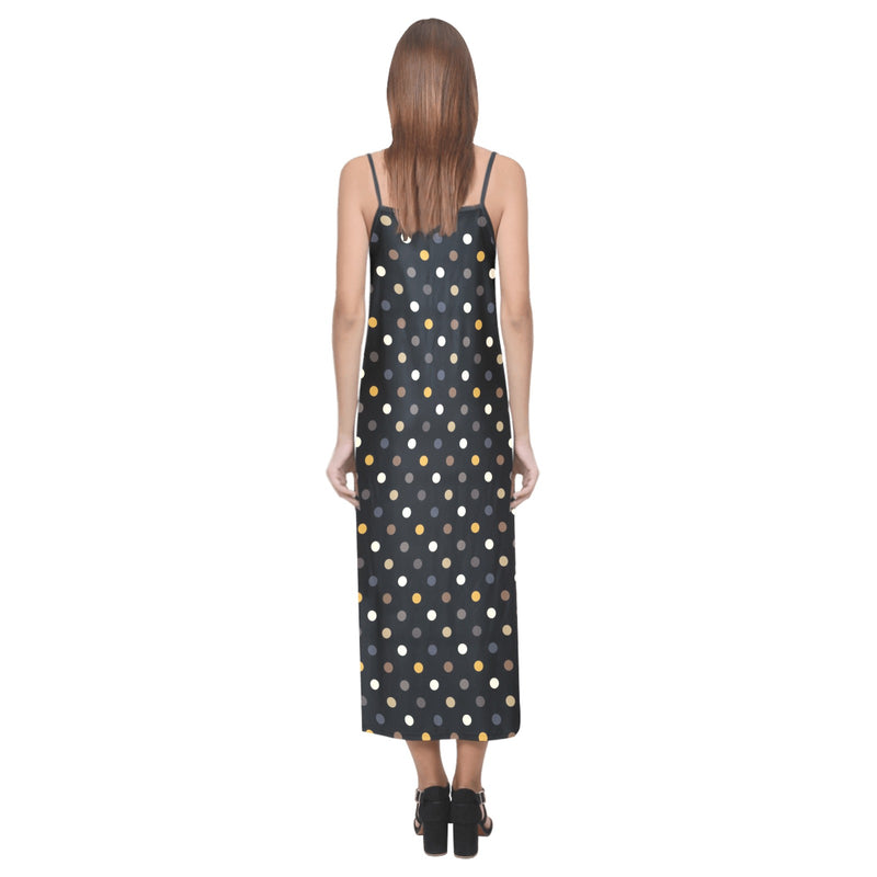 earthtone polka dot print 4A V-Neck Open Fork Long Dress(Model D18) - Objet D'Art