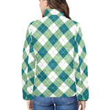 Harbor Blue and Basil Argyle Women's Stand Collar Padded Jacket - Objet D'Art