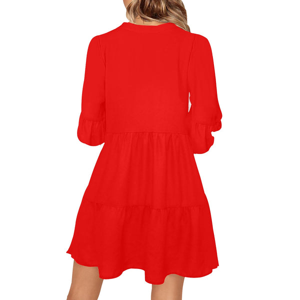 pure red print V-Neck Loose Fit Dress (Model D62) - Objet D'Art
