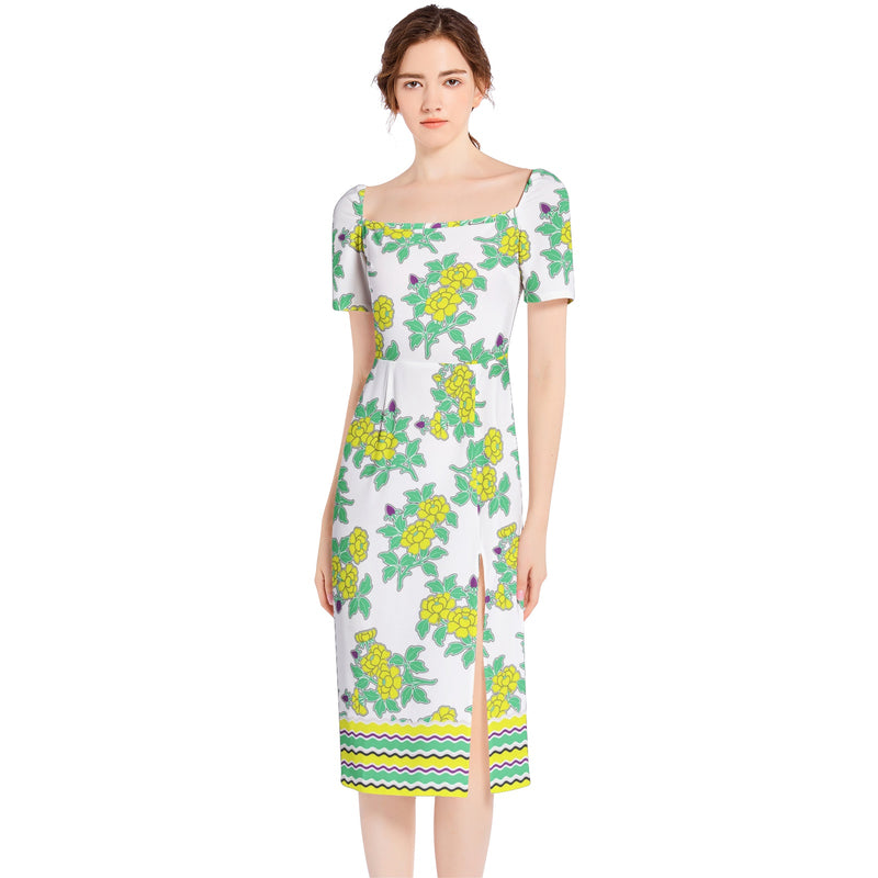 Royal Floral Split Thigh Midi Bodycon Dress - Objet D'Art