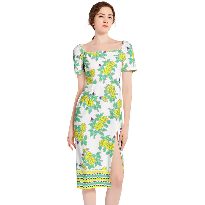 Royal Floral Split Thigh Midi Bodycon Dress - Objet D'Art