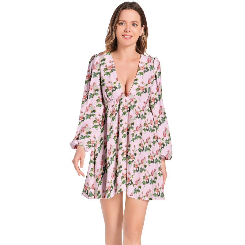 Lantern Sleeve Deep V-Neck Short Dress - Objet D'Art