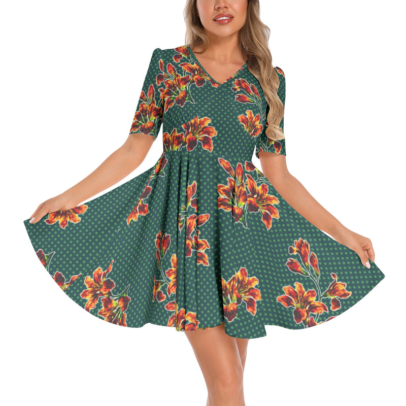 tiger lily vintage clothing Tiger Lily and polka dots Short Sleeve Ruched Bust Flared Hem Dress XS