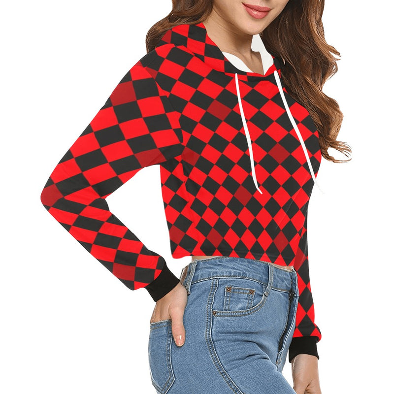 red black diamond print 2 All Over Print Crop Hoodie for Women (Model H22) - Objet D'Art