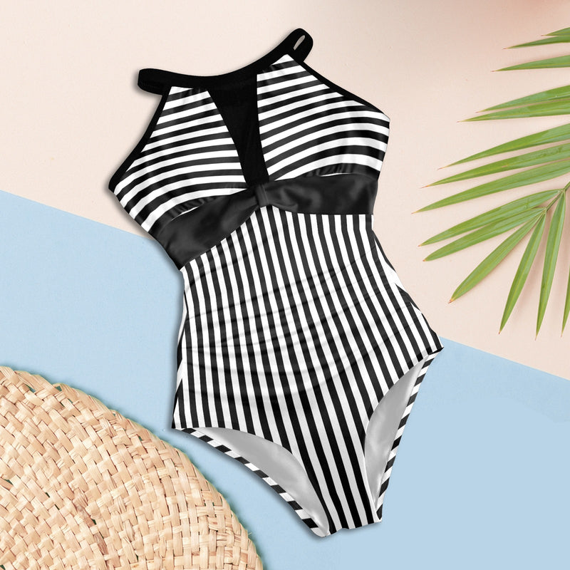 black 2 9k Women's High Neck Plunge Mesh Ruched Swimsuit (S43) - Objet D'Art