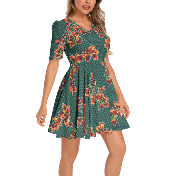 Tiger Lily and polka dots Short Sleeve Ruched Bust Flared Hem Dress - Objet D'Art