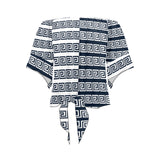 blue white greek key solid print Off Shoulder Knot Front Blouse (Model T71) - Objet D'Art