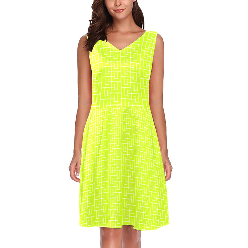 neon green greek key print Chryseis Sleeveless Pleated Dress(Model D07) - Objet D'Art
