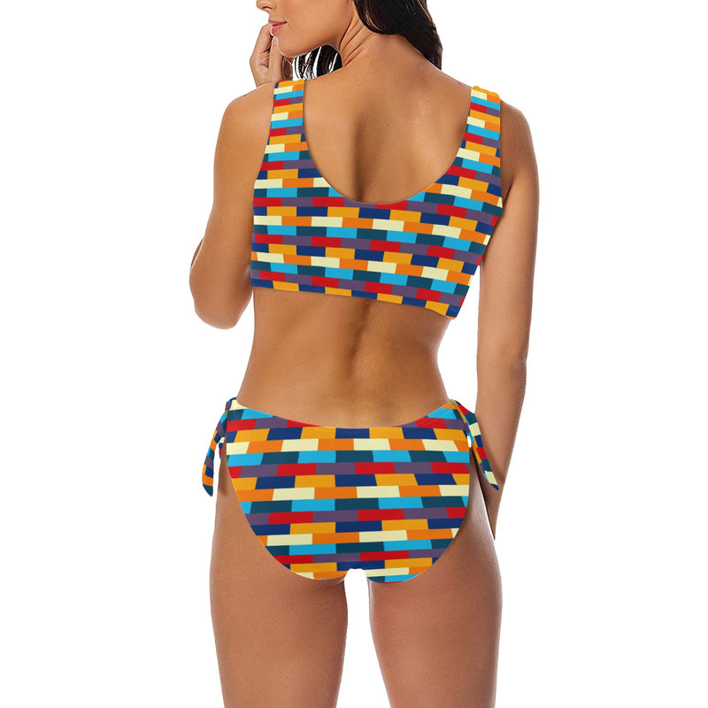 self portrait color scheme print Bow Tie Front Bikini Swimsuit (Model S38) - Objet D'Art