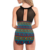 saffron print solid 2 Women's High Neck Plunge Mesh Ruched Swimsuit (S43) - Objet D'Art