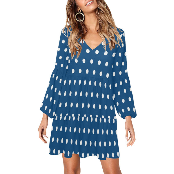 blue polka dot print 4 V-Neck Loose Fit Dress (Model D62) - Objet D'Art