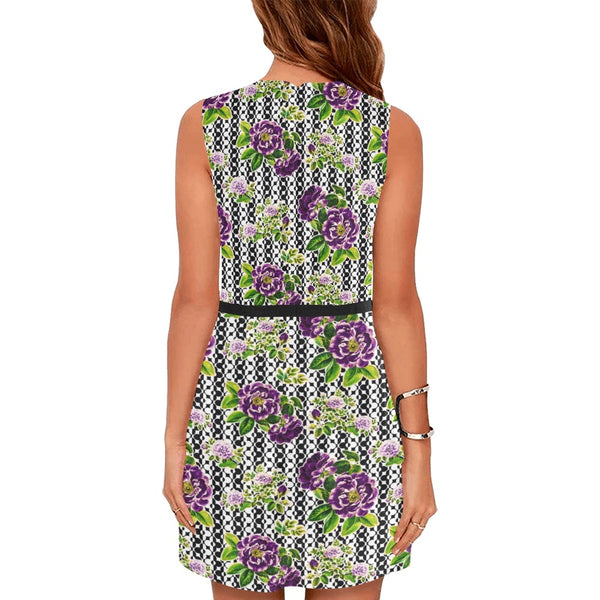 purple roses print 3 Eos Women's Sleeveless Dress (Model D01) - Objet D'Art