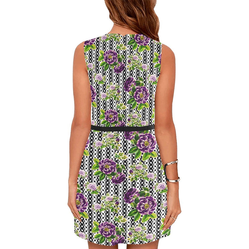 purple roses print 3 Eos Women's Sleeveless Dress (Model D01) - Objet D'Art
