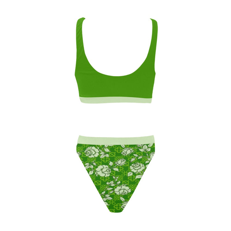 rose adinkra green print Sport Top & High-Waisted Bikini Swimsuit (Model S07) - Objet D'Art