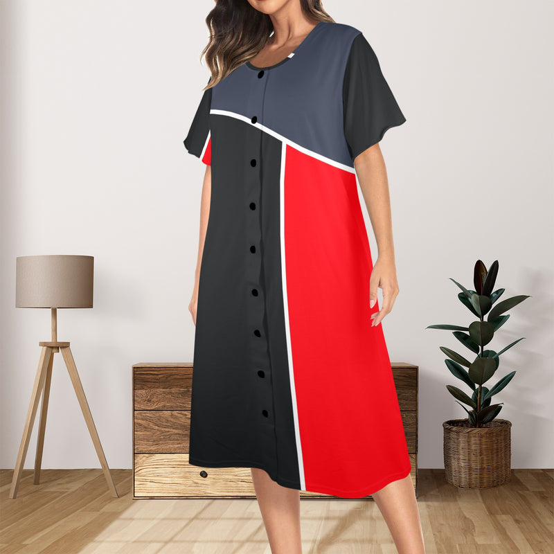 gray black red print 2A Women's Button Front House Dress - Objet D'Art