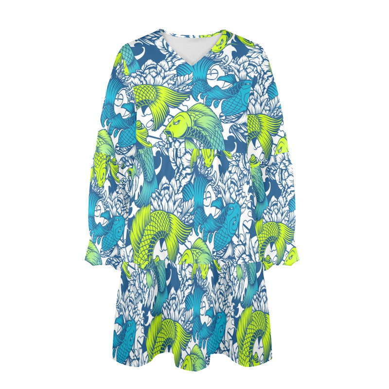 pisces neon green blue ombre print V-Neck Loose Fit Dress (Model D66) - Objet D'Art