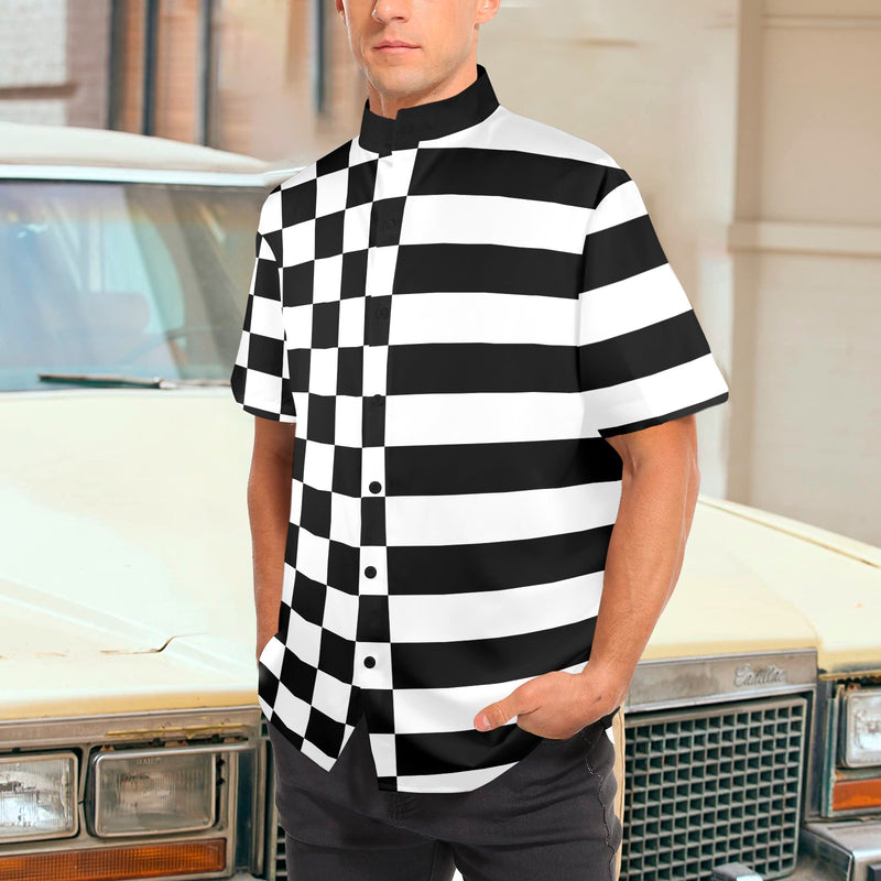 black 2 9k Men's Stand-Up Collar Short Sleeve Shirt - Objet D'Art