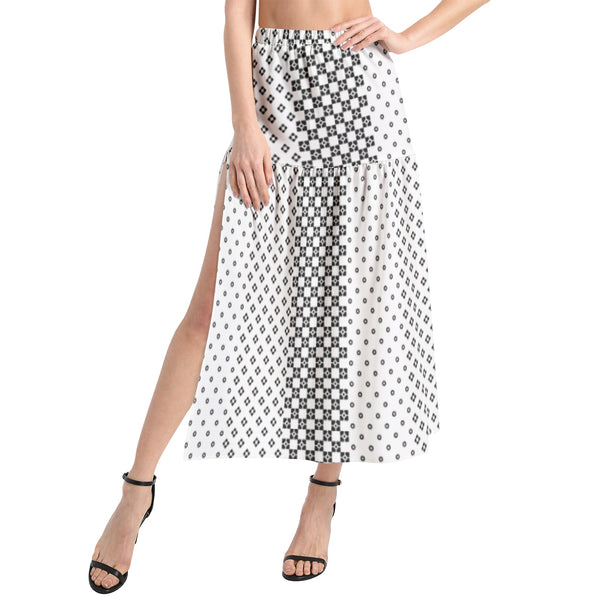 Decorative Striped Elastic Waist Ruffle Slit Hem Skirt - Objet D'Art