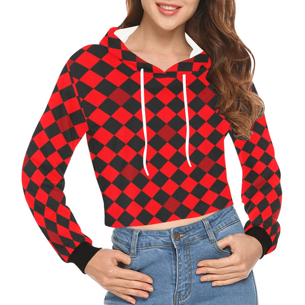 red black diamond print 2 All Over Print Crop Hoodie for Women (Model H22) - Objet D'Art