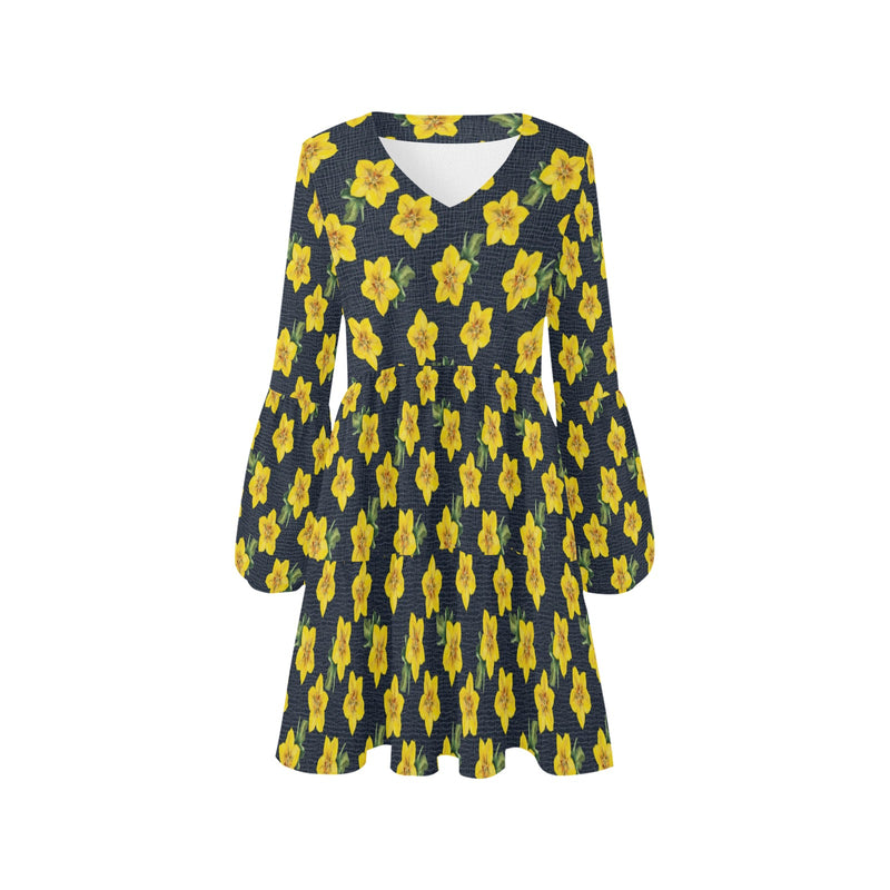 yellow flora print 2A V-Neck Loose Fit Dress (Model D62) - Objet D'Art