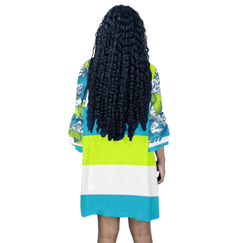 pisces neon green blue ombre print Half Sleeves V-Neck Mini Dress (Model D63) - Objet D'Art