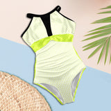 neon green hex print 5 Women's High Neck Plunge Mesh Ruched Swimsuit (S43) - Objet D'Art