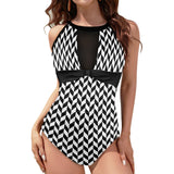 bw print broken chev Women's High Neck Plunge Mesh Ruched Swimsuit (S43) - Objet D'Art