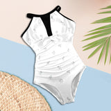 hokusai crane print 5 Women's High Neck Plunge Mesh Ruched Swimsuit (S43) - Objet D'Art