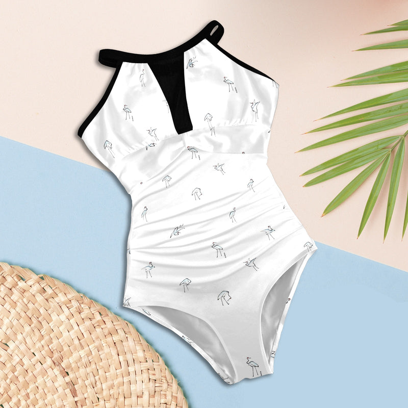 hokusai crane print 5 Women's High Neck Plunge Mesh Ruched Swimsuit (S43) - Objet D'Art