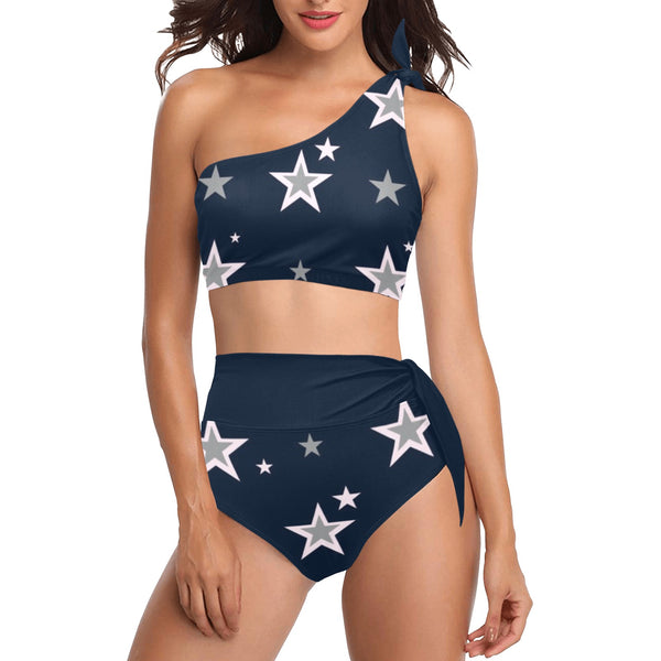 navy blue 2 print 4 High Waisted One Shoulder Bikini Set (Model S16) - Objet D'Art