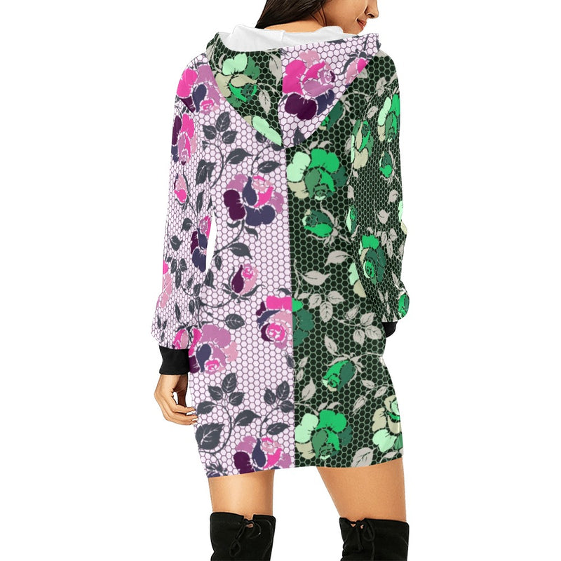 green rose print 2 All Over Print Hoodie Mini Dress (Model H27) - Objet D'Art
