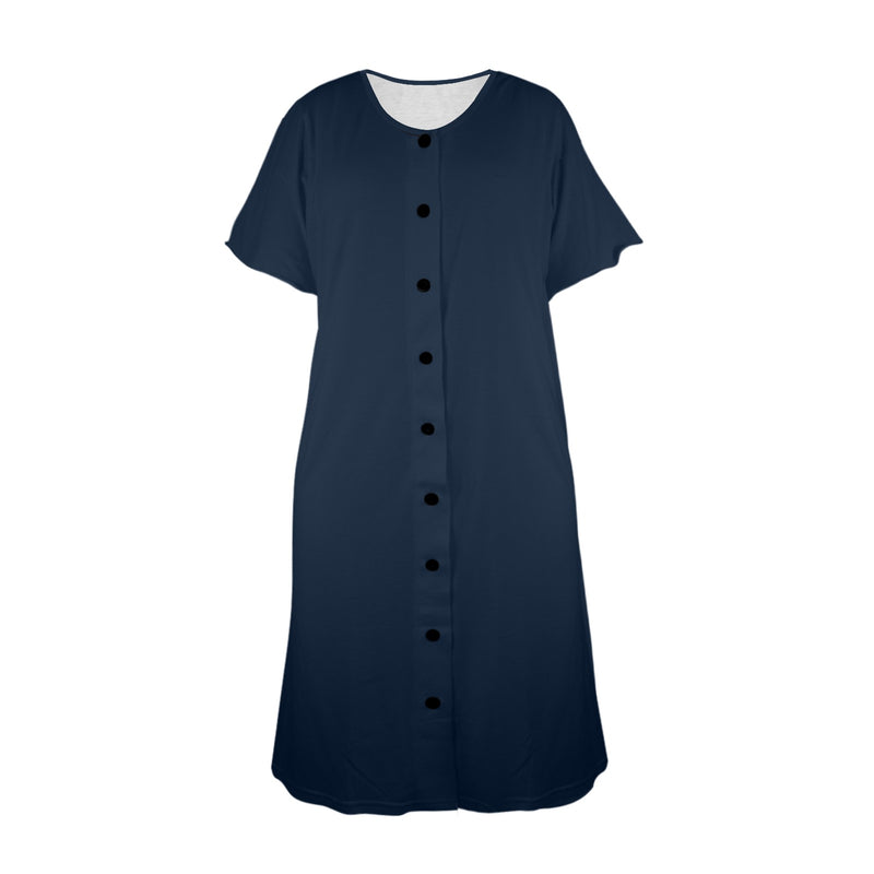 dark blue solid print 5 Women's Button Front House Dress - Objet D'Art