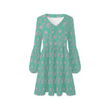 pink & green rose print V-Neck Loose Fit Dress (Model D62) - Objet D'Art