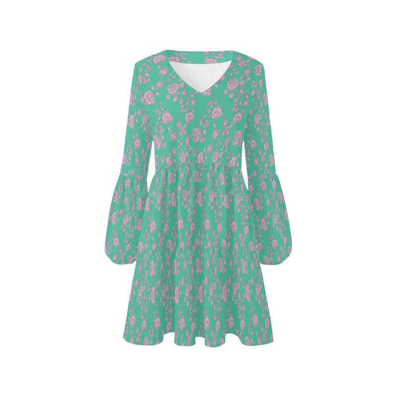 pink & green rose print V-Neck Loose Fit Dress (Model D62) - Objet D'Art