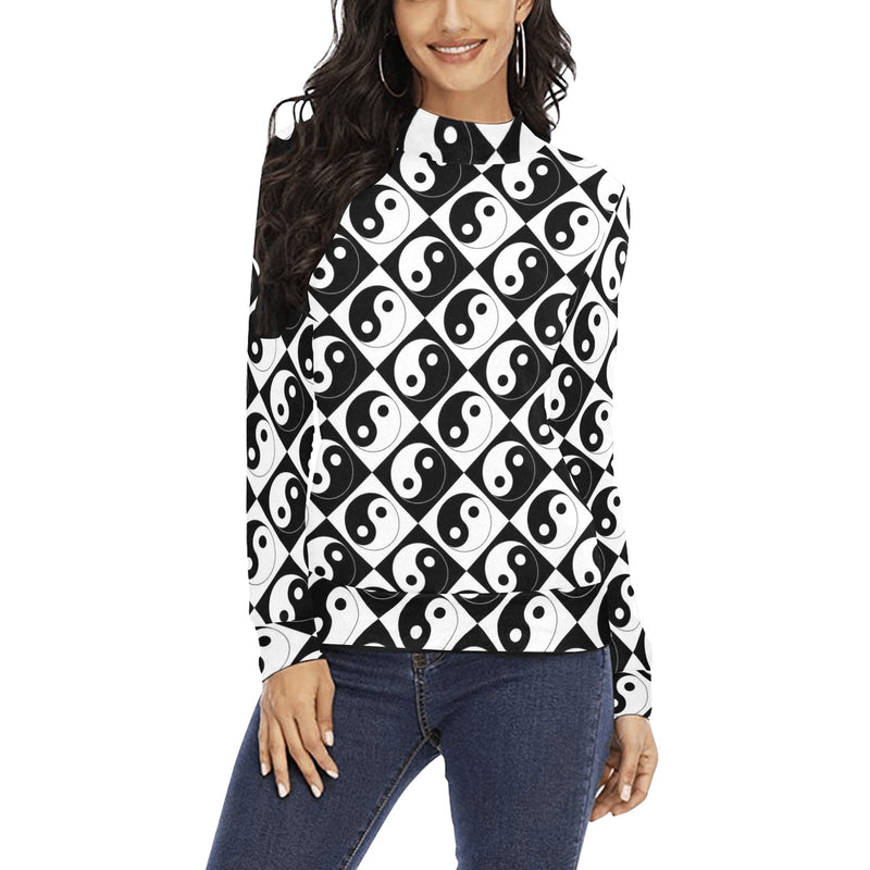 yin and yang bw print 2 Women's All Over Print Mock Neck Sweatshirt (Model H43) - Objet D'Art