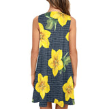 yellow flora print copy Sleeveless A-Line Pocket Dress (Model D57) - Objet D'Art