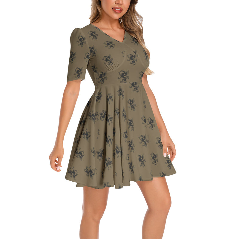Night of Dragons Short Sleeve Ruched Bust Flared Hem Dress - Objet D'Art