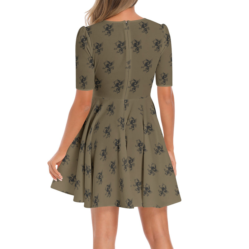 Night of Dragons Short Sleeve Ruched Bust Flared Hem Dress - Objet D'Art