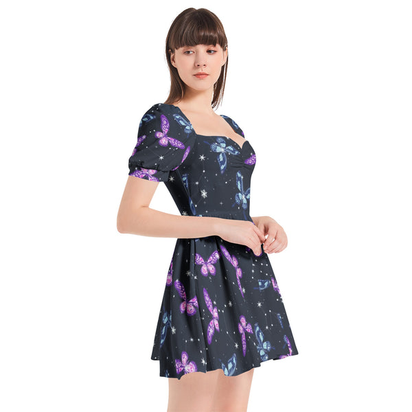 Astral Butterflies Puff Sleeve Sweetheart Neck Short Dress - Objet D'Art