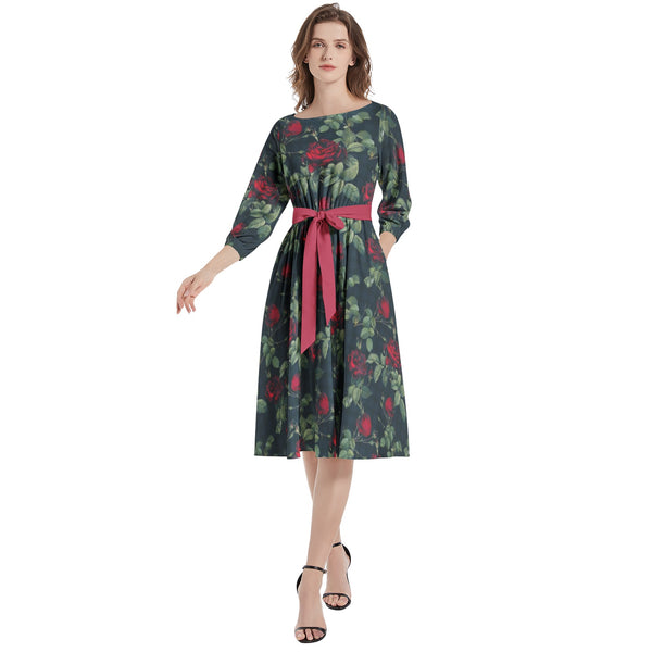Boat Neck Belted Flared Dress - Objet D'Art