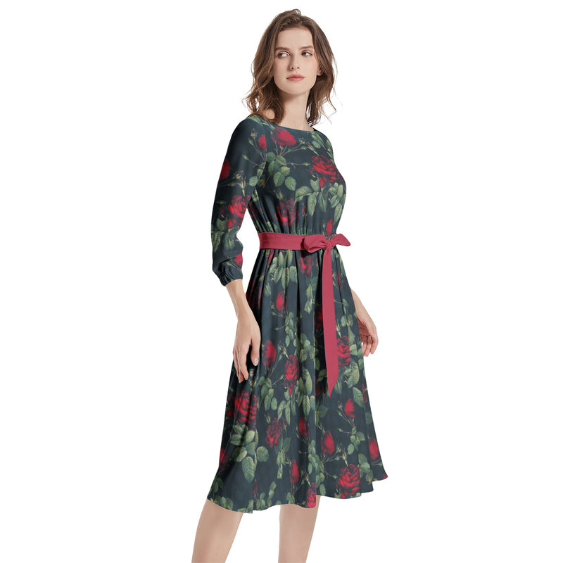 Boat Neck Belted Flared Dress - Objet D'Art