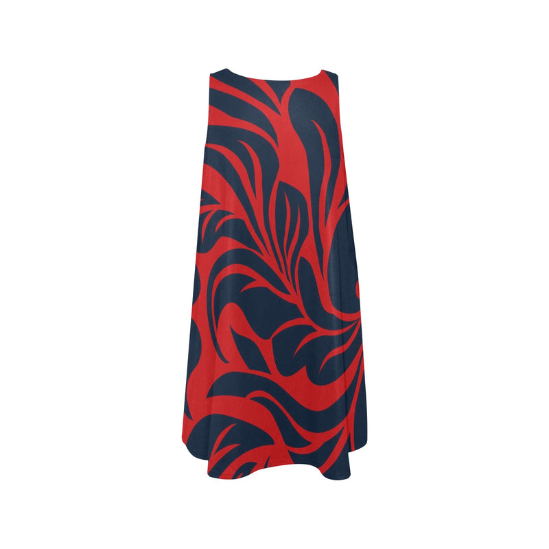 red blue leaf print 2 Sleeveless A-Line Pocket Dress (Model D57) - Objet D'Art