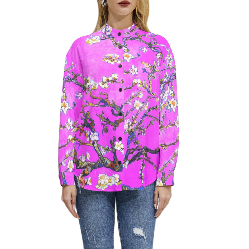 Almond Blossoms and Lavender Skies Long Sleeve Button Up Casual Shirt Top - Objet D'Art