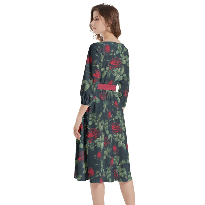 Boat Neck Belted Flared Dress - Objet D'Art