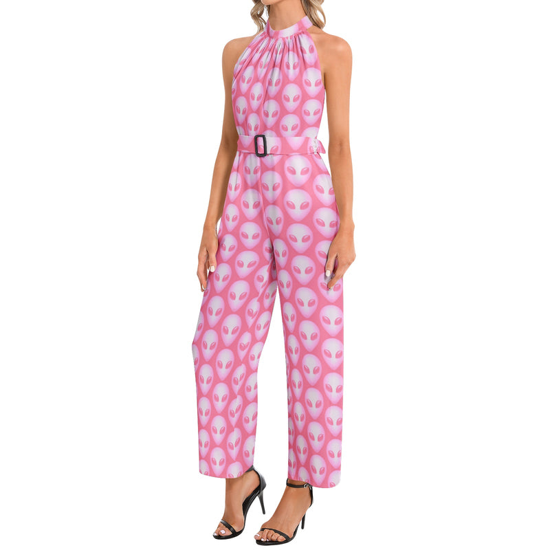 Pink Alien Halter Neck Buckle Belted Jumpsuit - Objet D'Art