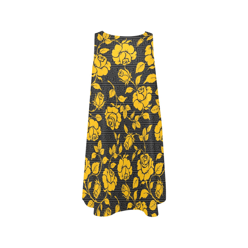 gold floral greek key print 7A Sleeveless A-Line Pocket Dress (Model D57) - Objet D'Art