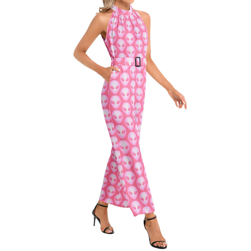 Pink Alien Halter Neck Buckle Belted Jumpsuit - Objet D'Art