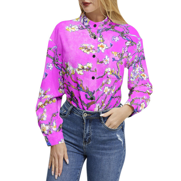 Almond Blossoms and Lavender Skies Long Sleeve Button Up Casual Shirt Top - Objet D'Art